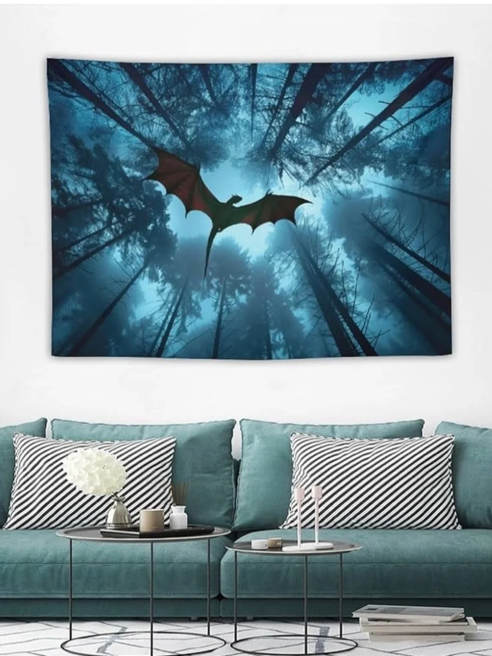 Forest Dragon Tapestry Wall Art - Teal Blue